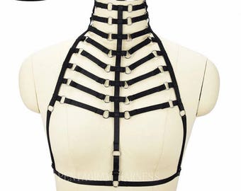 Body Harness Body Chain Body Bra Steampunk Gothic Erotic Burlesque Cage Bra Bralette Black Elastic Bondage Harness Back Adjustable Bdsm