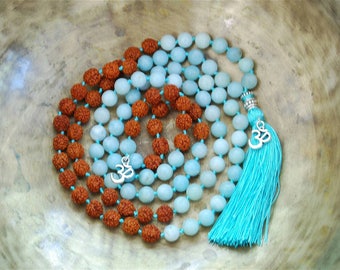 Amozanite Mala Beads, Rudraksha Mala beads, 108 Mala Bead, Mala Necklace, Prayer Beads, Yoga Jewelry, Japa Mala, Meditation, Lawa Necklace