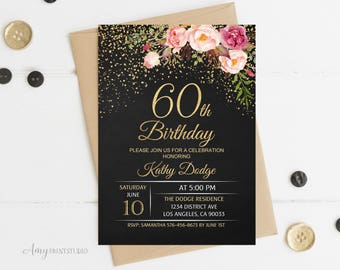 60th Birthday Invitation, Floral Women Birthday Invitation, Chalkboard Birthday Invite, PERSONALIZED, Digital file, #W16