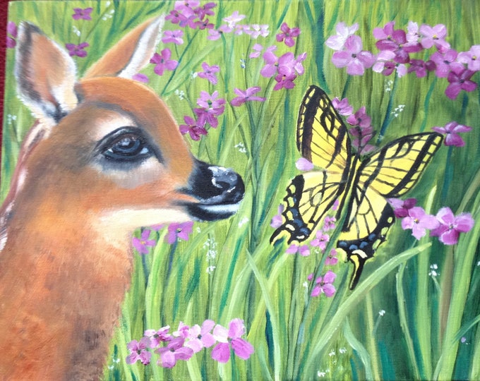 11x14x3 Bambi Oil Painting Gallery Wrapped Unframed, Deer Painting with Butterfly and Flowers, Wildlife Oil Painting, Animal Oil Painting