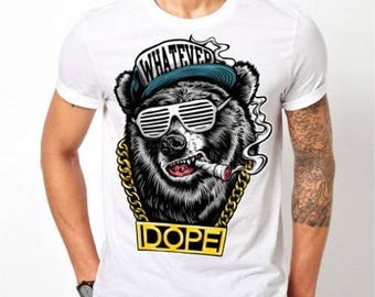 Mens Hip Hop Bear Cigar Bling Dope - White T-shirt