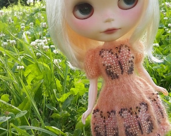 Handknitted kidmohair butterfly dress for Blythe doll