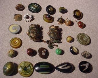 28 Antique BUTTON Lot - Celluloid etc - Mixed Medium