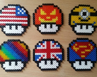 6 x coasters mushroom Mario Mushroom Perler Hama Bead Coaster 8x8cm