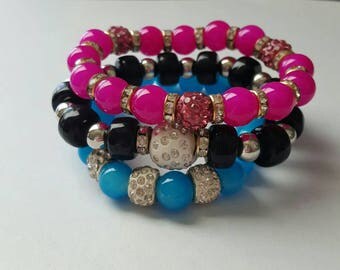 Pink, black and teal beaded bracelet set