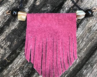 Genuine Leather Bib Necklace in Rose