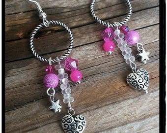 Pink earrings silver tone ring and beads