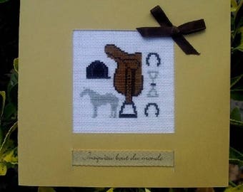 Hand embroidered card: saddle and riding equipment