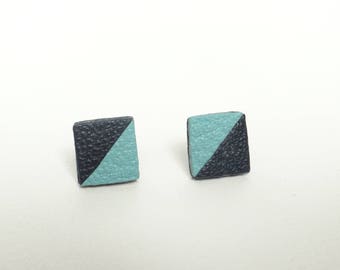 Stud Earrings geometric leather 2 dark blue and turquoise triangles.