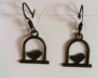 bronze birds and cage earrings