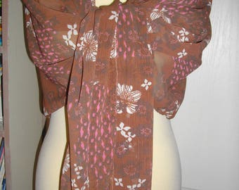 Stole, Brown scarf with flowers white and pink
