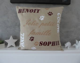 Pillow personalized with names, words to your liking and fabrics to choose