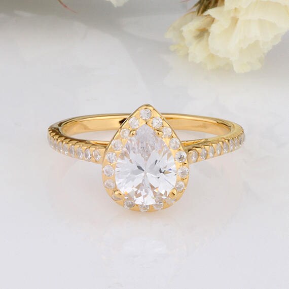 Yellow Gold Pear Shaped Ring / Pear CZ Halo Ring Half Eternity