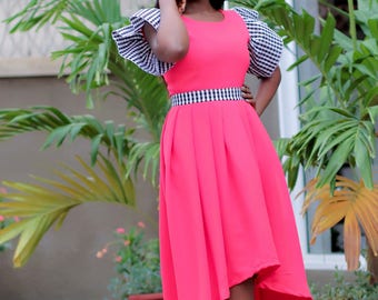 Red mixed with check local aso- oke fabric inspired dress