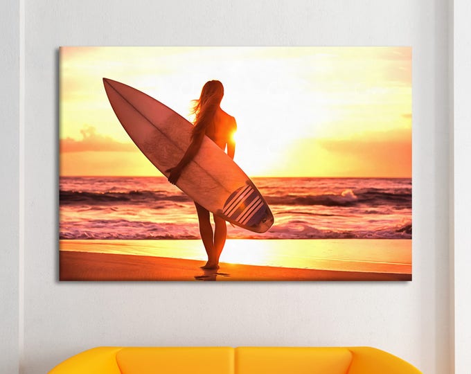 Surfer girl canvas, California print, Ocean poster, Sunset print, canvas, Interior decor, print poster, USA picture, art picture, gift