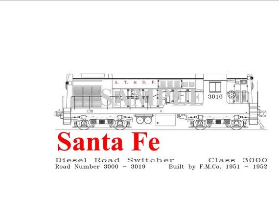 Train Drawing 8 x 10 Santa Fe Diesel Road Switcher Digital