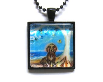 Dachshund Doxy Spiritual Tree of Life ocean painting Art Glass Tile Pendant Necklace
