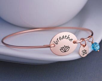 Rose Gold Breathe Bracelet, Rose Gold Yoga Jewelry, Lotus Jewelry Gift, Yoga Gift, Bangle Bracelet, Christmas Gift for Yogi