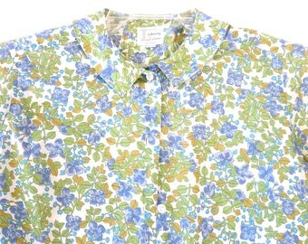 Vintage Liberty London printed cotton percale floral blouse S vintage 60s blue green turquoise white short sleeve
