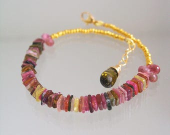 Tourmaline Vermeil Beaded Bracelet, Colorful Layering Bracelet, Slender and Delicate, Everyday Jewelry, Square Gemstones