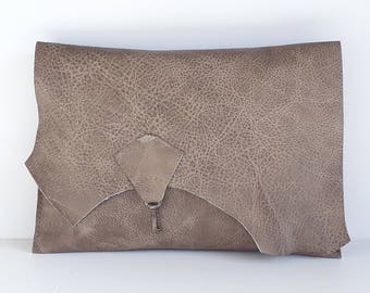Raw edge leather clutch with vintage key - hare
