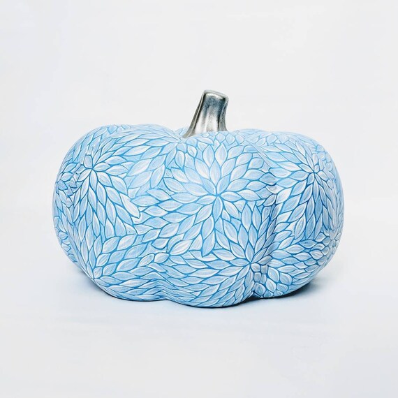 Blue Pumpkin hand painted ceramic pumpkin white leaves on blue