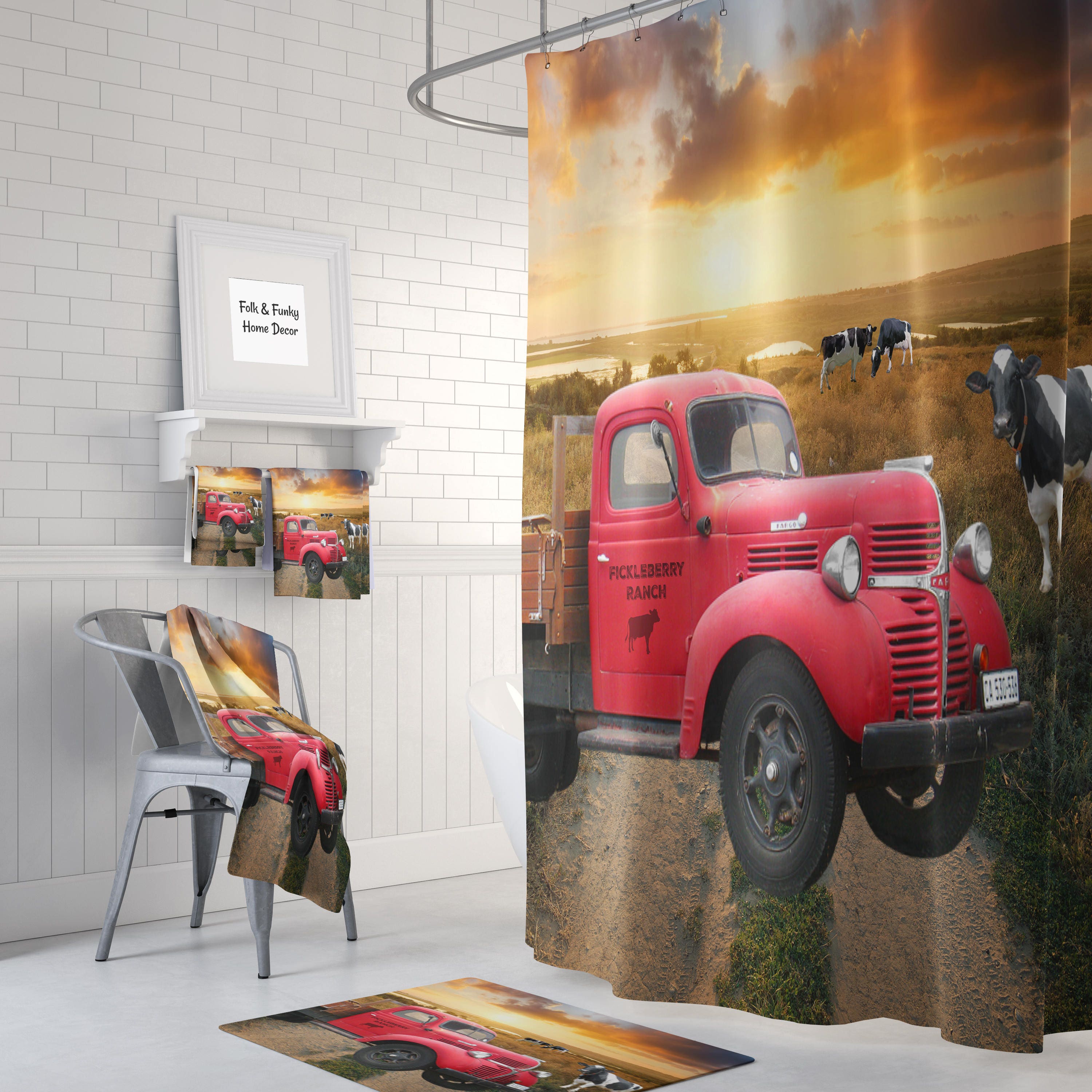 Old Red Truck Personalized Farm Shower Curtain Farmhouse