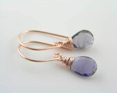 Iolite Rose Gold Earrings, Wire Wrapped Iolite Earrings, Water Sapphire Earrings, Rose Gold Jewelry, E1978