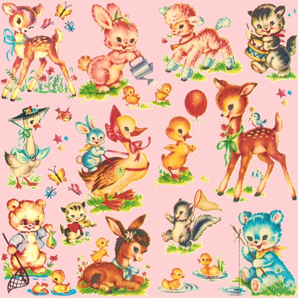 Retro Baby Animals Fabric Pink Vintage Baby Animal By