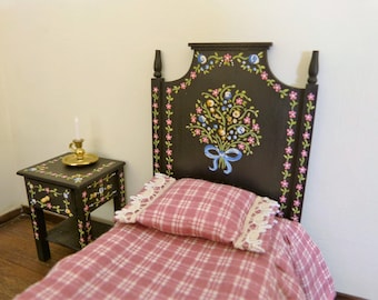 Dollhouse miniature single bed in 12th scale Portuguese typical hand painted furniture from Alentejo black background with tiny flowers