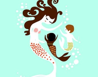 SUMMER SALE 8X10" mermaid mother with baby girl and boy. giclee print on fine art paper. turquoise, brunette, african american, multicultura