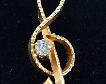 ON SALE Musical Note Brooch, Gold tone, Rhinestone, G Cleft, Vintage (Al7)