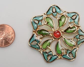 Signed Trifari Brooch: Plique a Jour - Stylized Flower c.1950's