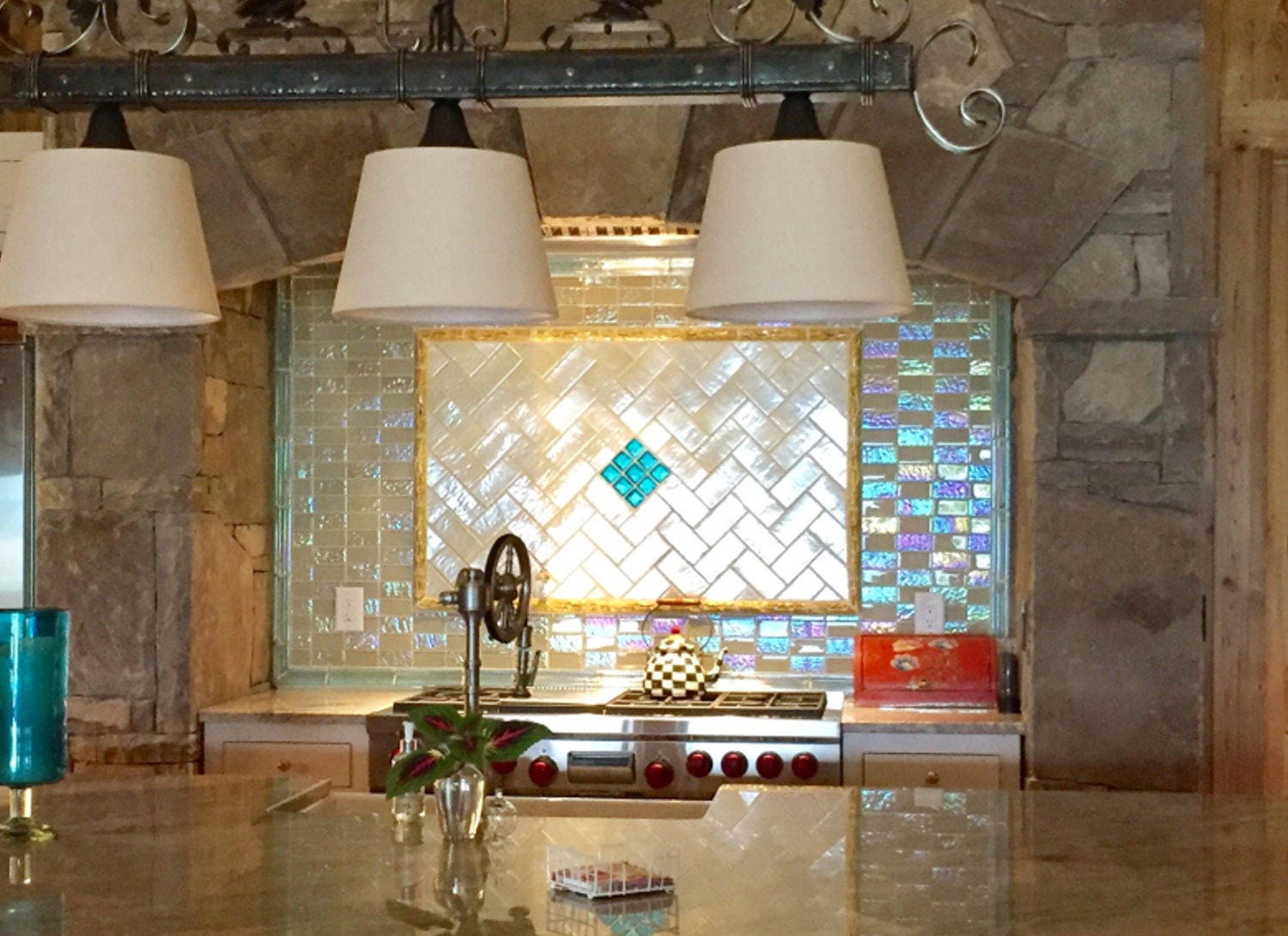 Aqua Turquoise Blue Fused Dichroic Glass Accent Tile