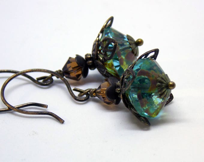 Romantic Dangle Earrings Victorian Drop Earrings Czech Glass Swarovski Crystals Vintage Style Earrings Rustic Oxidized Brass Jewelry