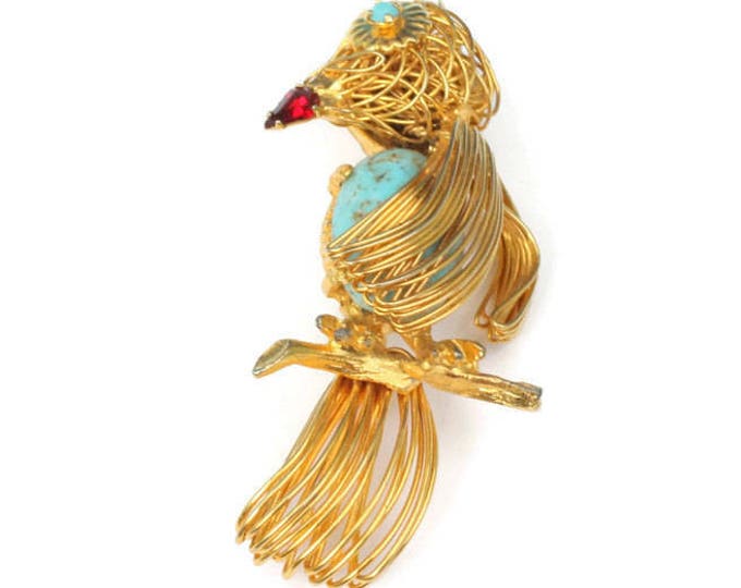 Wire Work Bird Brooch Turquoise Speckled Glass Tummy Vintage