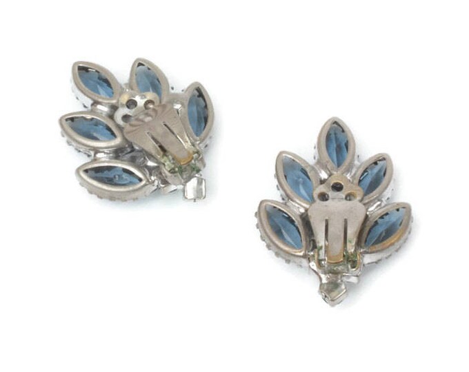 Blue Green AB Rhinestone Earrings Silver Leaves Clip On Vintage