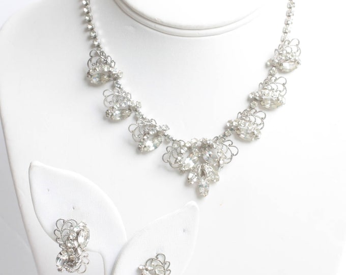 Rhinestone Filigree Necklace Earring Set Wedding Bridal Prom Silver Tone Vintage