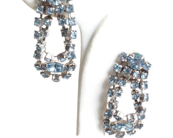 Blue Rhinestone Earrings Draped Dangle Screw Backs Vintage