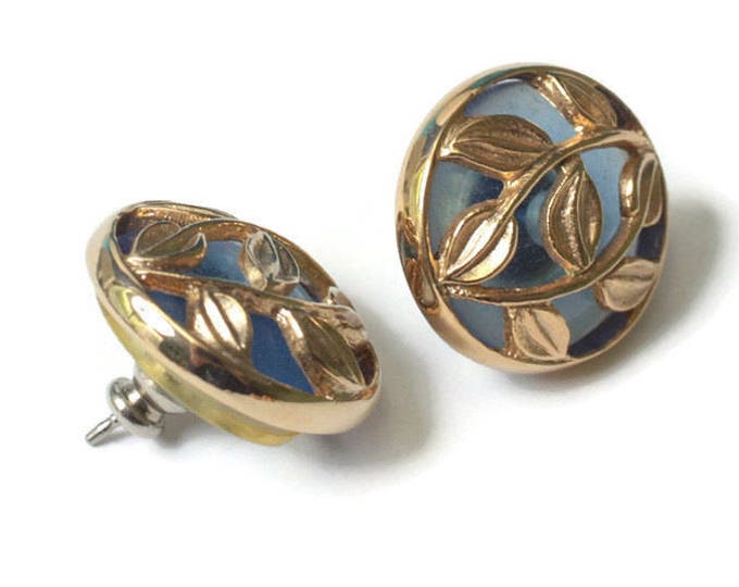 Gold Leaf Overlay Blue Glass Earrings Posts Vintage Round Smaller Size