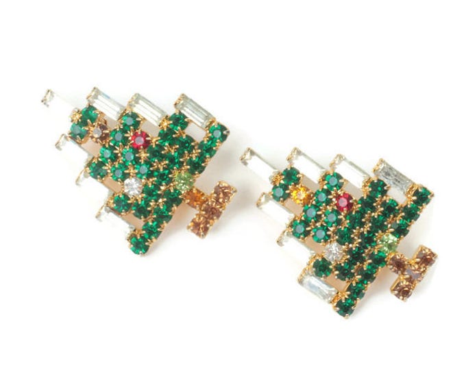 Two Rhinestone Christmas Tree Pins Baguettes Chatons Smaller Size Vintage