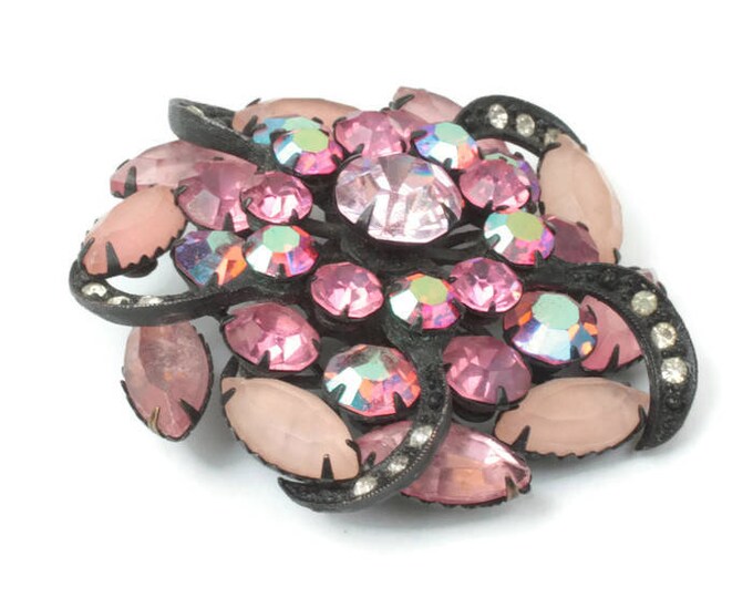 Pink Rhinestone Pinwheel Brooch AB Frosted Stones Japanned Finish Dimensional Vintage