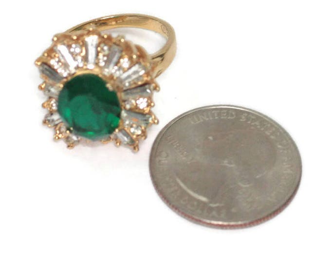 Simulated Emerald Dinner Ring 18KGE Clear CZ Baguettes Chatons Ballerina Setting Size 8 Plus Vintage