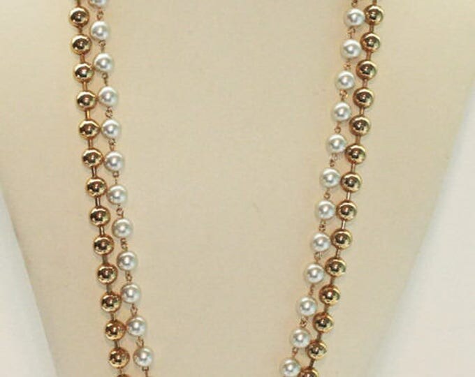 Simulated Pearl and Gold Tone Bead Necklace Two Strand Longer Length Vintage