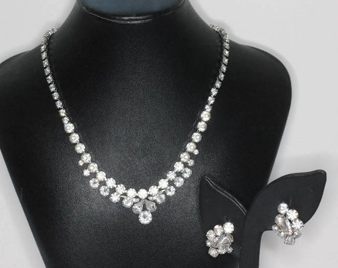 Weiss Clear Rhinestone Crystal Necklace Earrings Set Demi Parure Original Box