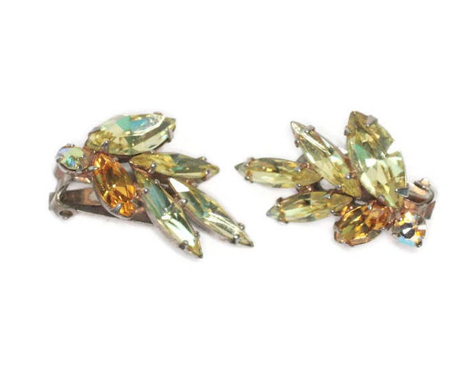 Yellow and Orange Rhinestone Earrings Clip Ons Navettes Marquise and Chaton Vintage