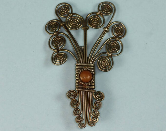 Vintage Swirled Metal Brooch Twisted Wire Design Butterscotch Glass Accent