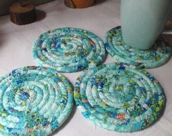 Coiled Fabric Coasters - Set of 4 - Pale Turquoise, Blue, Kitchen, Entertaining, Handmade by Me
