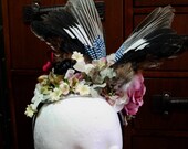 jay wings flower crown taxidermy headpiece, steampunk wings headdress