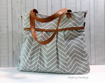 BagEnvy Handbags -Monterey Large Diaper Bag - with Vegan Leather - In Grey Skinny Chevron - or Custom Design Your own